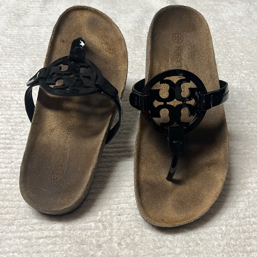 TORY BURCH MILLER CLOUD SANDAL BLACK/NATURAL - SIZE 7.1/5 US good condition . - Picture 4 of 7